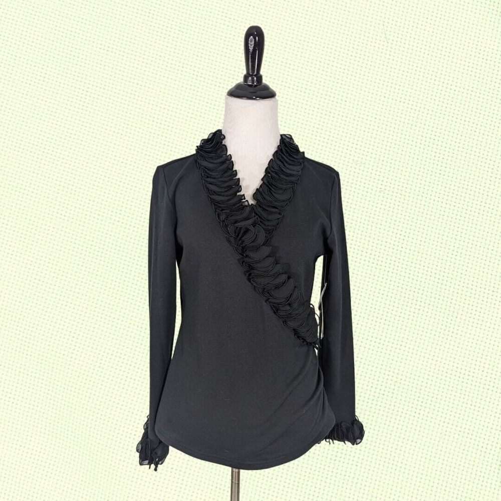 Samuel Dong Black Blouse M ruffles V-neck sleeves
